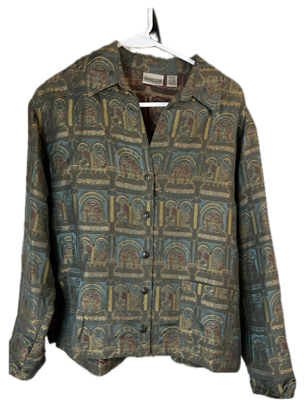 Chico's Tapestry Old Master Roman Arch Motif Print Button-Front Jacket